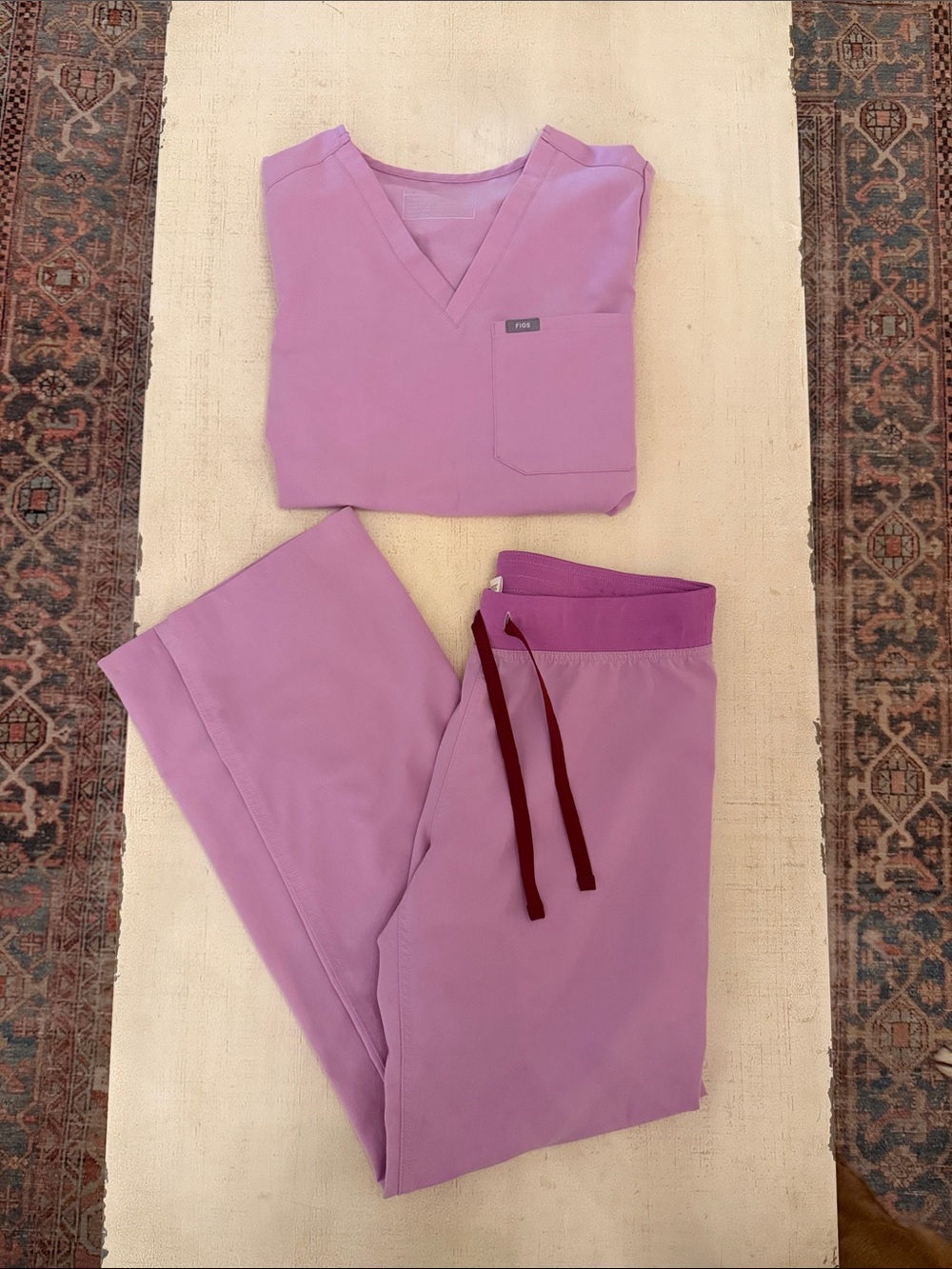 Lilac Figs Scrub Set with Burgundy Drawstrings